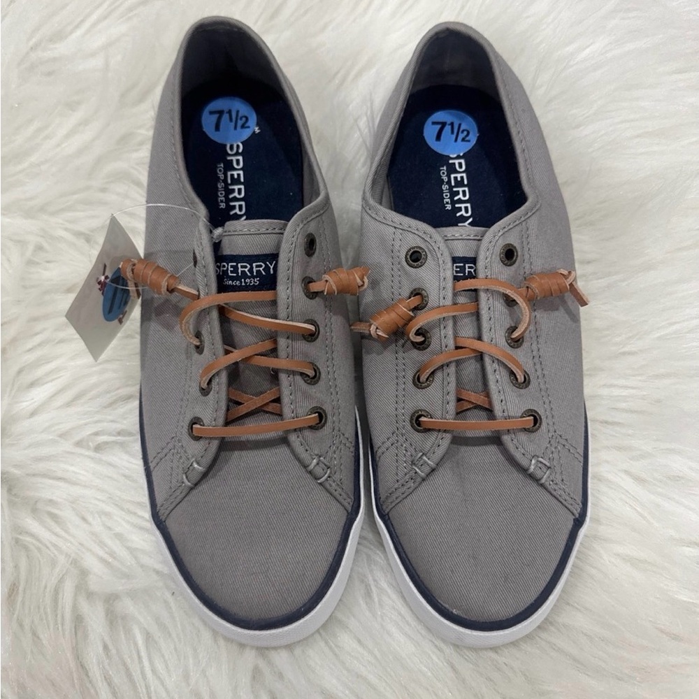 Sperry Gray Canvas Boat Shoes with Brown Laces